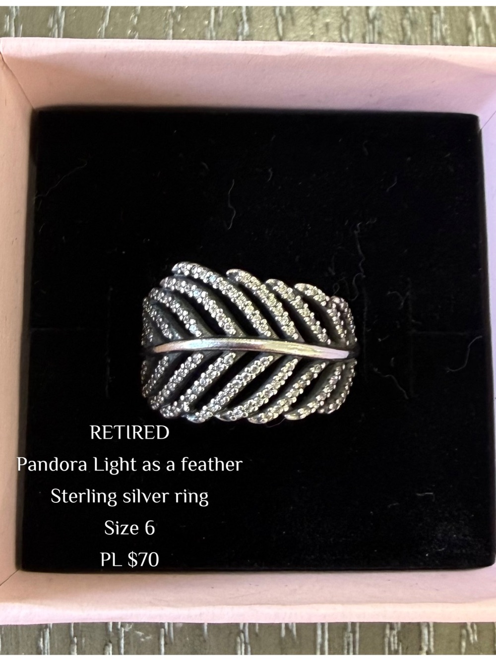 AUTHENTIC RETIRED Pandora Silver Feather Band Ring with Textured Detail